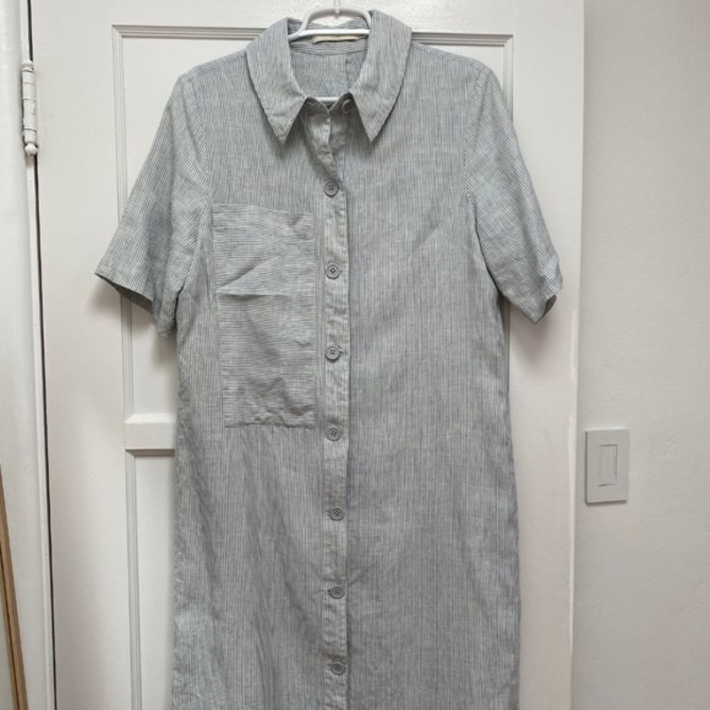 Gray Linen Pinstripe Midi Szeki Dress